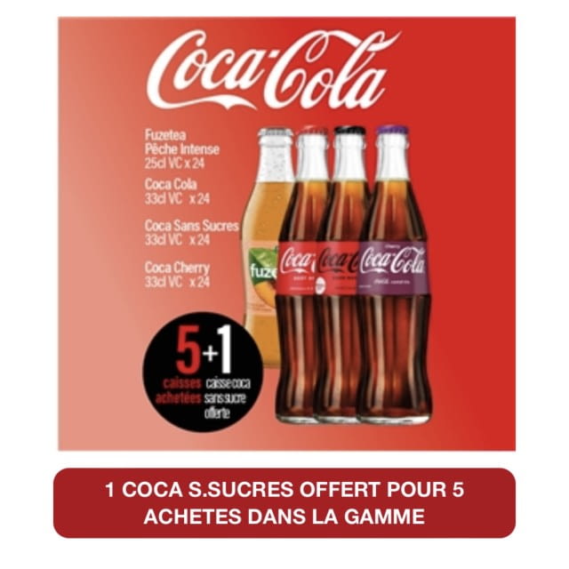 Coca cola 33CL verre consigné 5 caisses achetées = 1 caisse offerte de coca sans sucre
