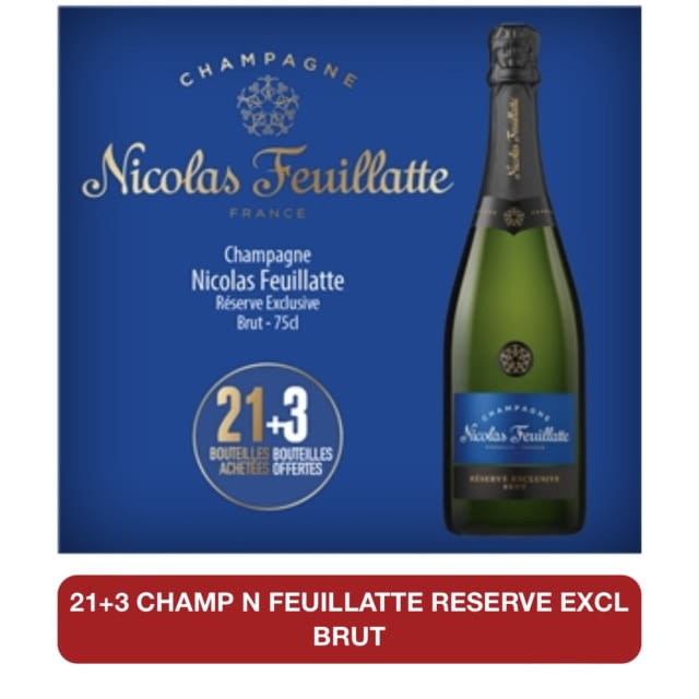 Champagne brut bleu réserve exclusive Nicolas Feuillatte 21 bouteilles achetées = 3 bouteilles offertes